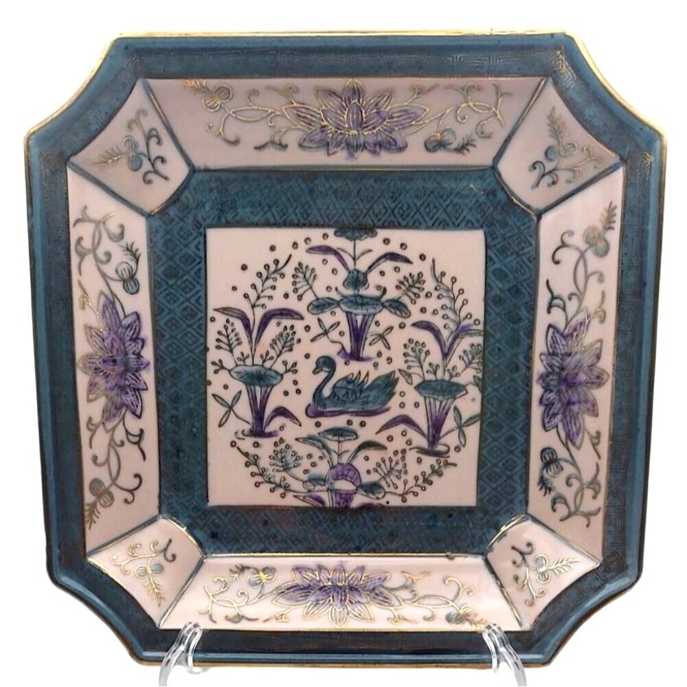 Vintage Gold Castle Japanese 8" Square Plate Hand-Painted Swan Floral Gold Trim